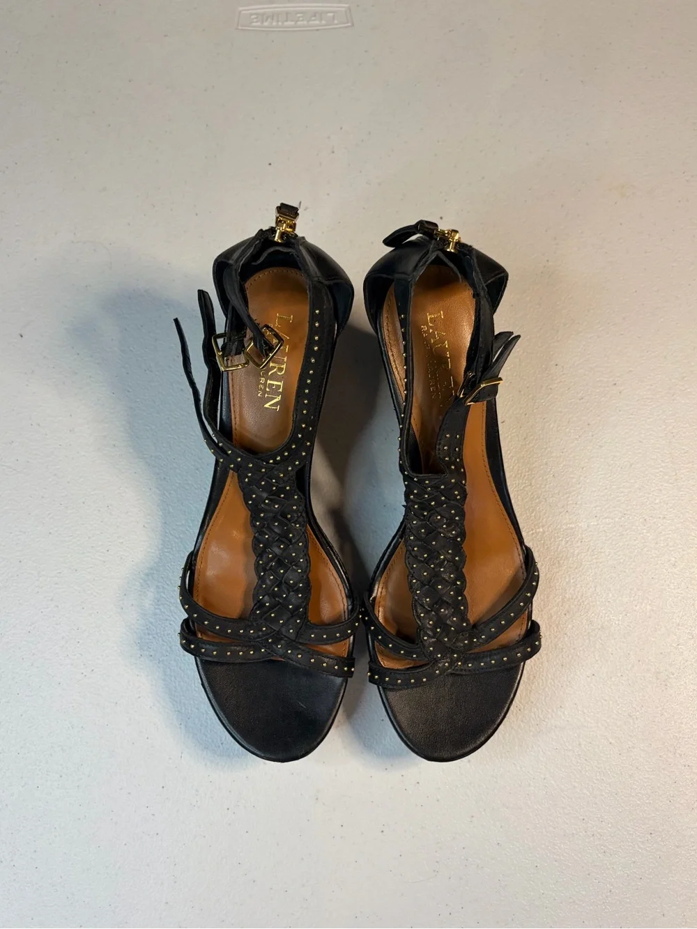 Lauren Ralph Lauren Quanta Black Leather Studded Wedge Sandals‎ 8.5B 11424 L15
